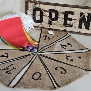 BNIP - Burlap Welcome & Vibrant Pennant Banner ☆ OPEN/CLOSED New Store Signage ☆